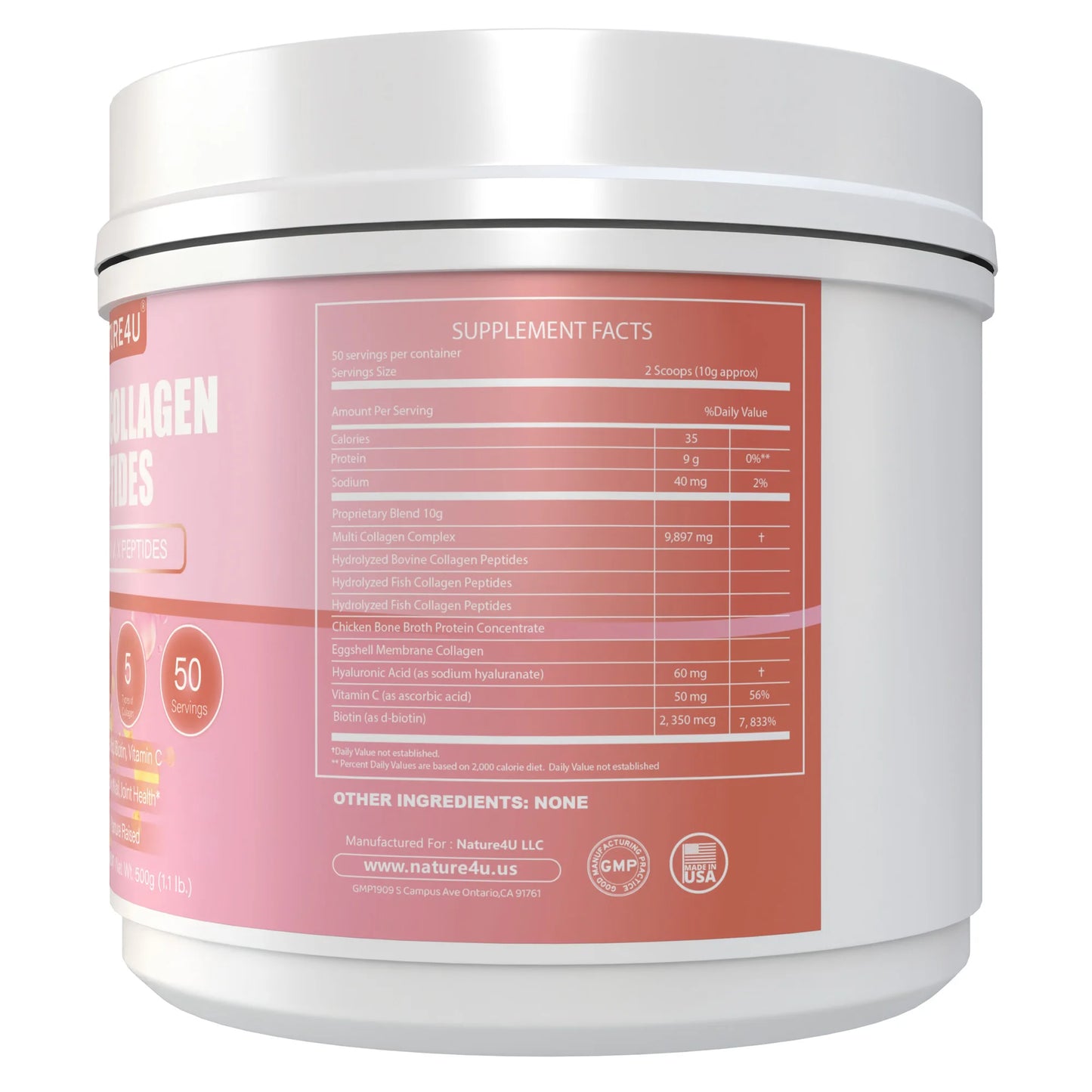 Nature4U Multi Collagen Peptides Powder with Biotin, Hyaluronic Acid, , Vitamin C for Healthy Hair, Skin, Nails, Joint, 1.1LB FREE Shipping