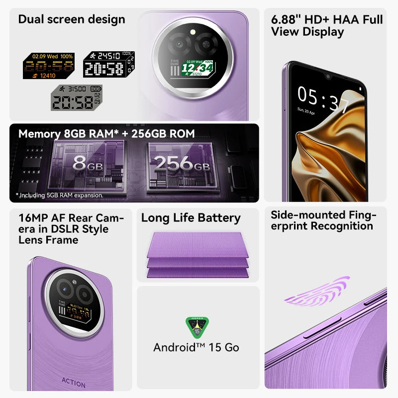 IIIF150 Action A5Pro Phone Dual Screen Design Smartphone Android 15 8GB RAM 256GB ROM 6.8" HD+ Display 5100mAh Samsung S24FREE Shipping