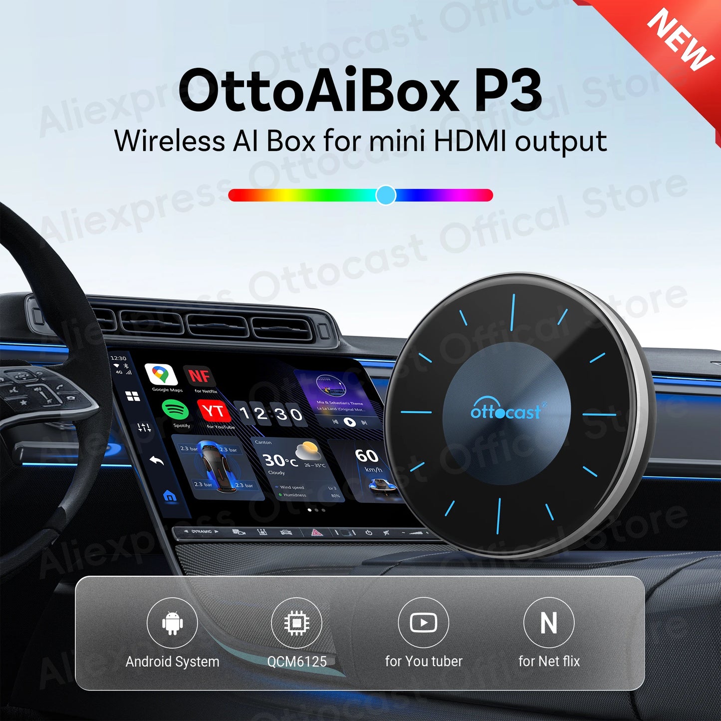 OTTOCAST P3 Android AI Box Wireless CarPlay Android Auto TV Box for HDMI Output Car Accessories Built in GPS for Youtube Netflix FREE SHIPPING