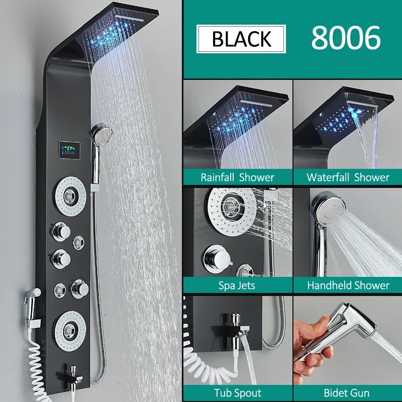 Black Nickel LED Shower Panel Six Functions Shower Column Rain Waterfall Shower Massage Spa Jets Tub Shower With Bidet Bath Taps FREE Shipping