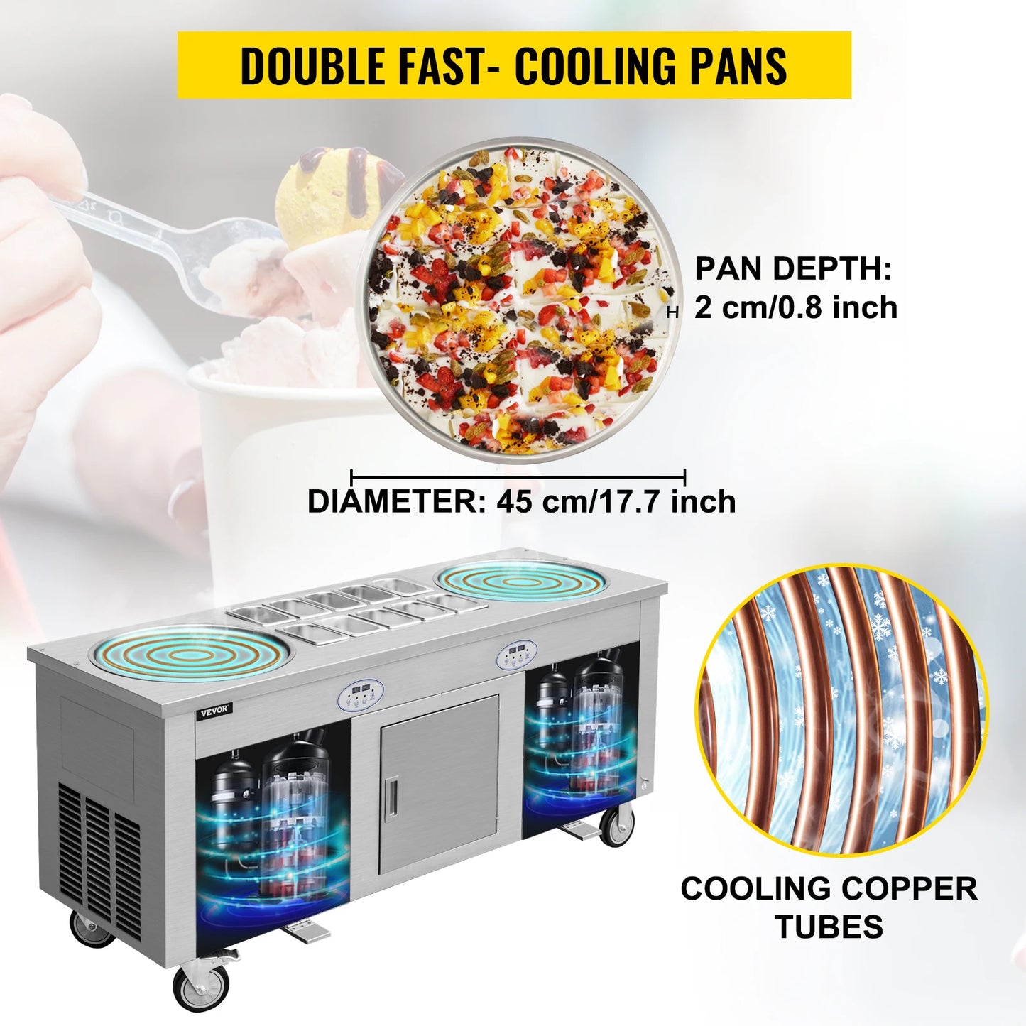 VEVOR 2800W Commercial Fried Ice Cream Roll Machine w/ 10 Buckets Double Pans Stainless Steel Moveable Ice Cream Porridge Maker