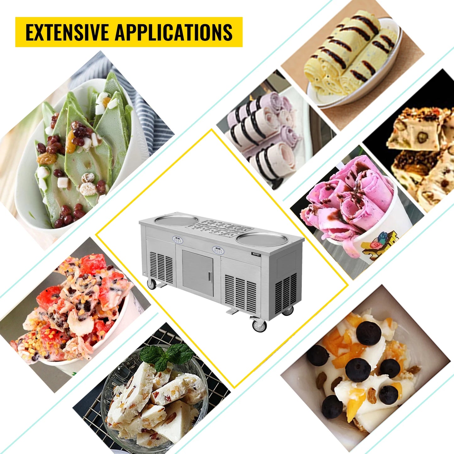 VEVOR 2800W Commercial Fried Ice Cream Roll Machine w/ 10 Buckets Double Pans Stainless Steel Moveable Ice Cream Porridge Maker