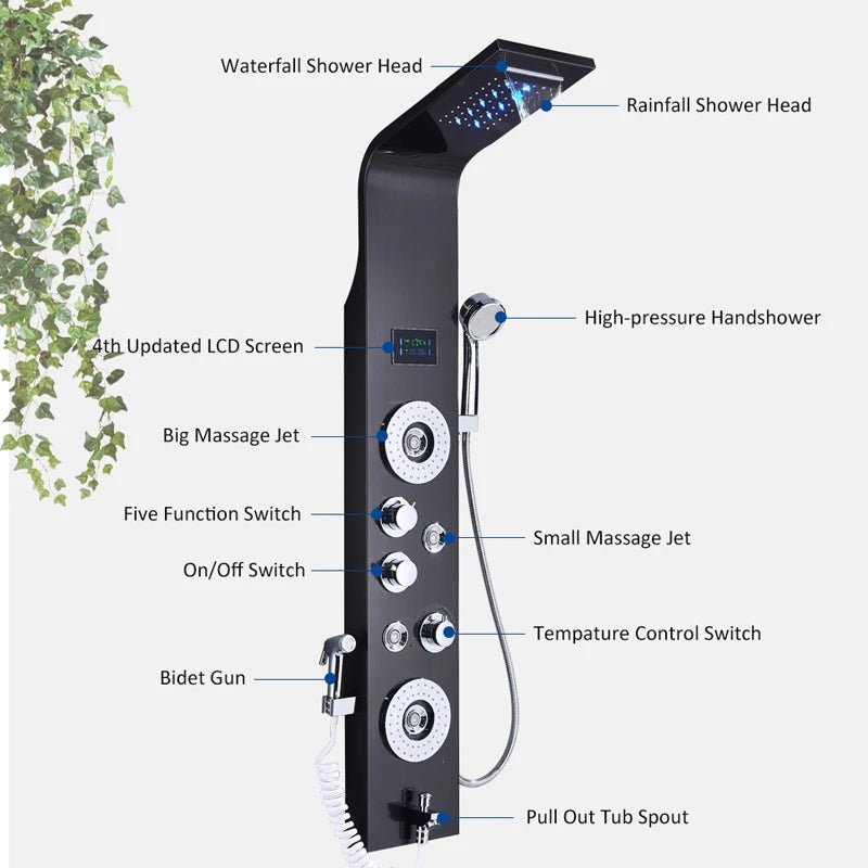 Black Nickel LED Shower Panel Six Functions Shower Column Rain Waterfall Shower Massage Spa Jets Tub Shower With Bidet Bath Taps FREE Shipping
