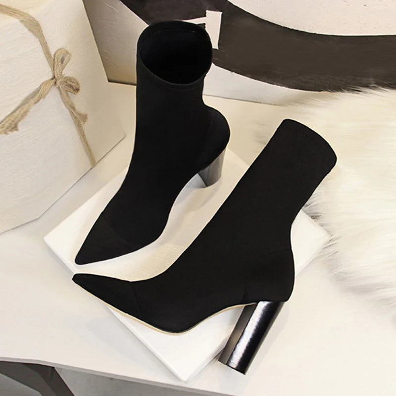 Women Ankle Boots Square High Heels Pumps Fall Fashion Comfort Stretch Fabric Sock Boot Femme Party Dress Shoes