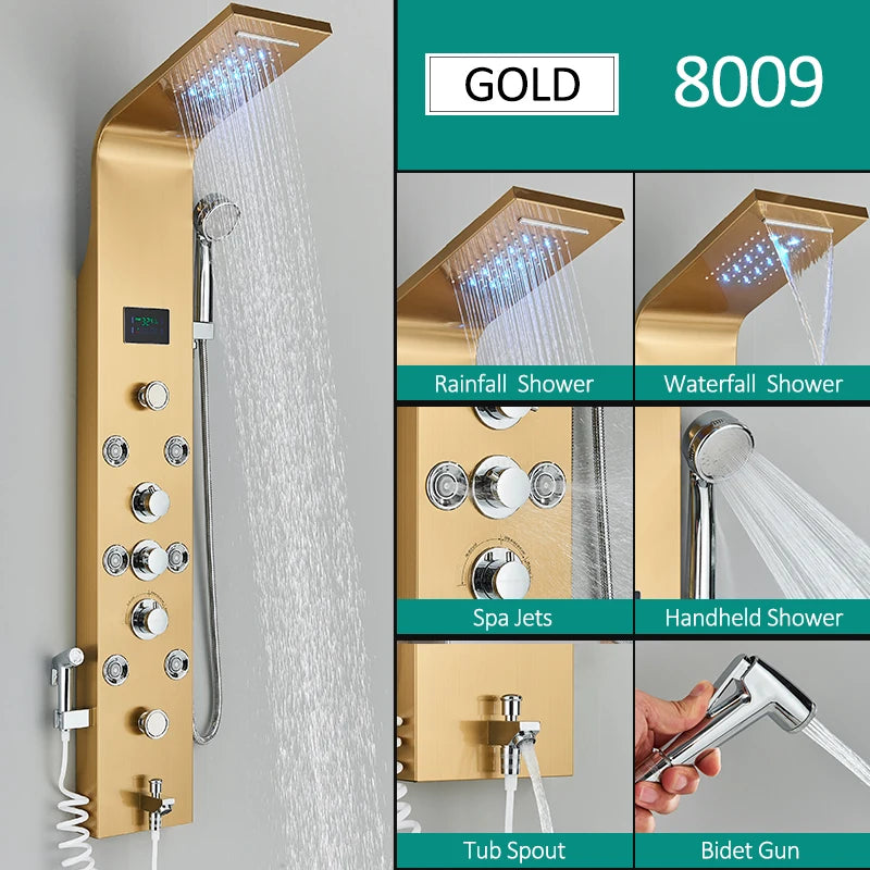 Black Nickel LED Shower Panel Six Functions Shower Column Rain Waterfall Shower Massage Spa Jets Tub Shower With Bidet Bath Taps FREE Shipping
