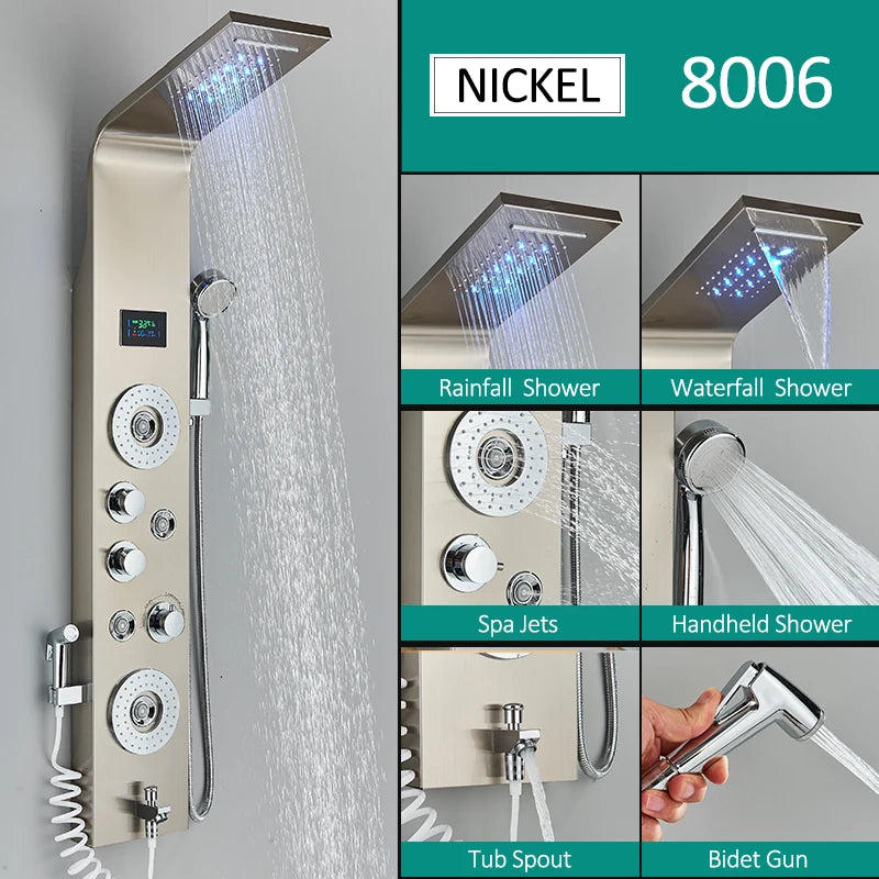 Black Nickel LED Shower Panel Six Functions Shower Column Rain Waterfall Shower Massage Spa Jets Tub Shower With Bidet Bath Taps FREE Shipping