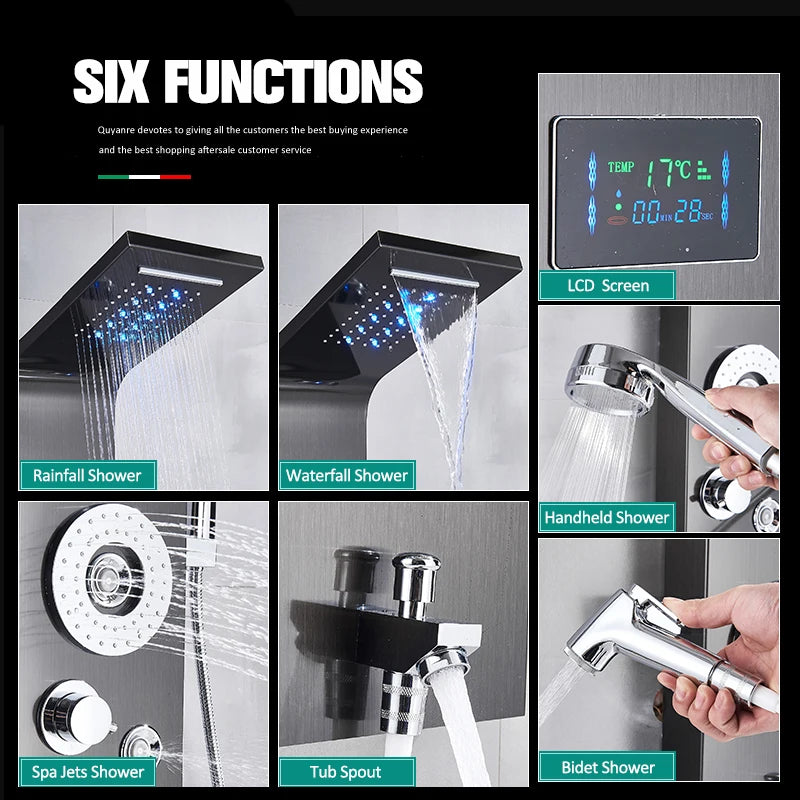 Black Nickel LED Shower Panel Six Functions Shower Column Rain Waterfall Shower Massage Spa Jets Tub Shower With Bidet Bath Taps FREE Shipping