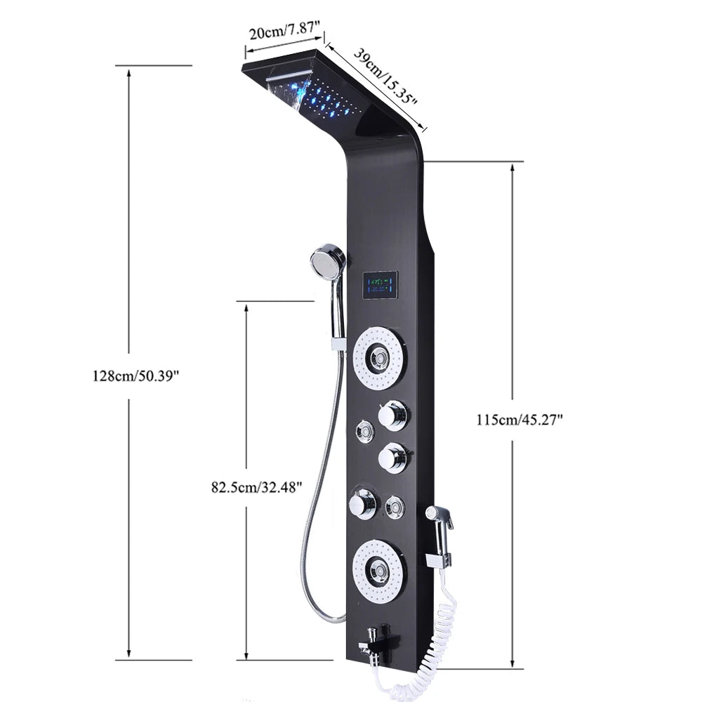 Black Nickel LED Shower Panel Six Functions Shower Column Rain Waterfall Shower Massage Spa Jets Tub Shower With Bidet Bath Taps FREE Shipping