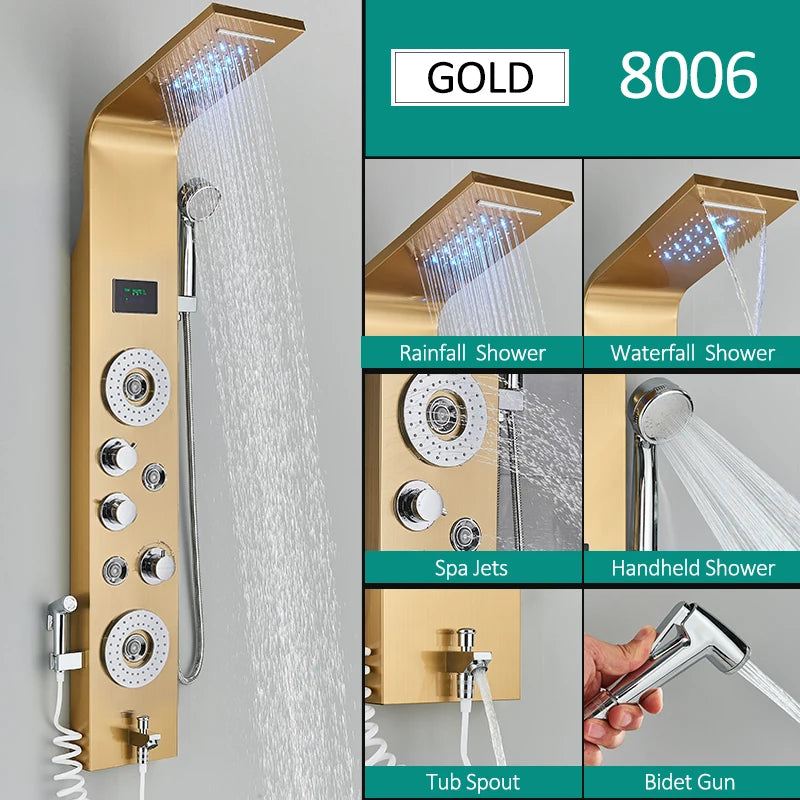 Black Nickel LED Shower Panel Six Functions Shower Column Rain Waterfall Shower Massage Spa Jets Tub Shower With Bidet Bath Taps FREE Shipping