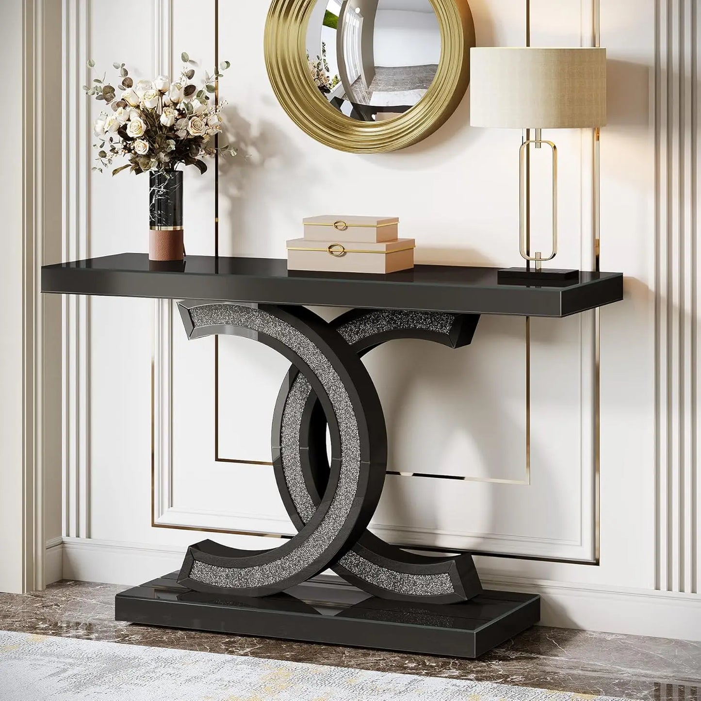 Mirrored Console Table, Modern Silver Entryway Table with Sparkling Crystal Inlays, Mirror Finish for Entrance, Living Room FREE SHIPPING