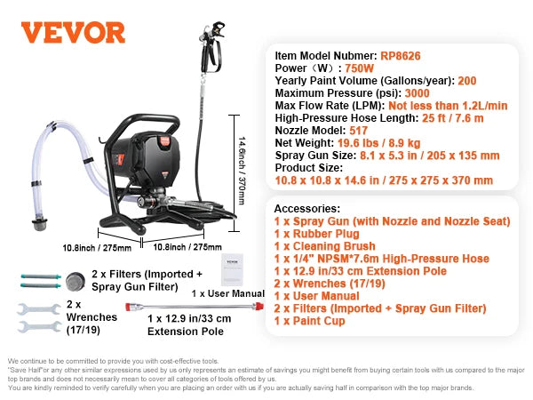 VEVOR 750W 950W Airless Paint Sprayer 3000PSI High Efficiency Electric Airless Sprayer Handheld Paint Sprayers for Home Interior FREE Shipping