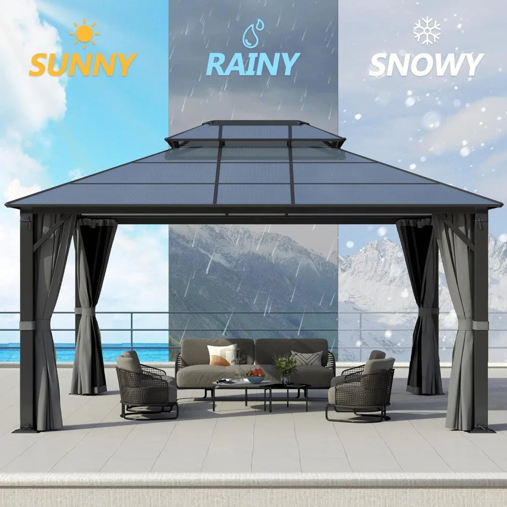 12x14FT Polycarbonate Hardtop Gazebo with Double Roof - Heavy-Duty Steel Frame Gazebo with Breathable Netting & Privacy Curtain for Patio, Porch, Garden, Lawn, Deck, Backyard Free Shipping