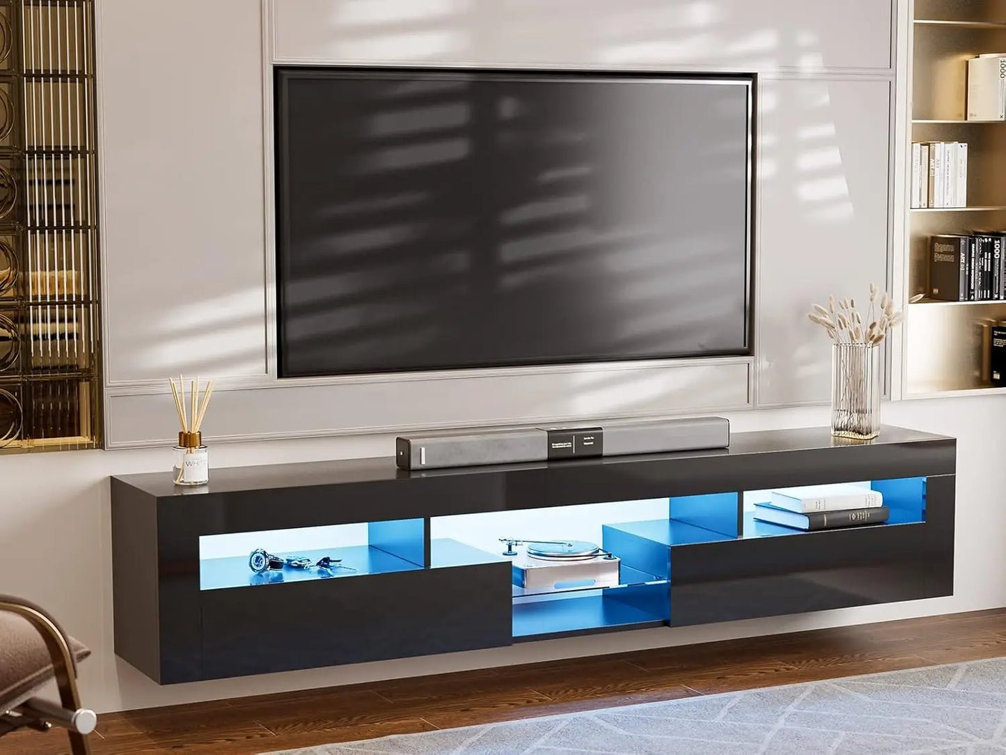 LED Floating TV Stand for 85+ inch TV, White High Glossy Wall Mounted Haning TV Stand with 2 Cabinets, Modern Floating FREE SHIPPING