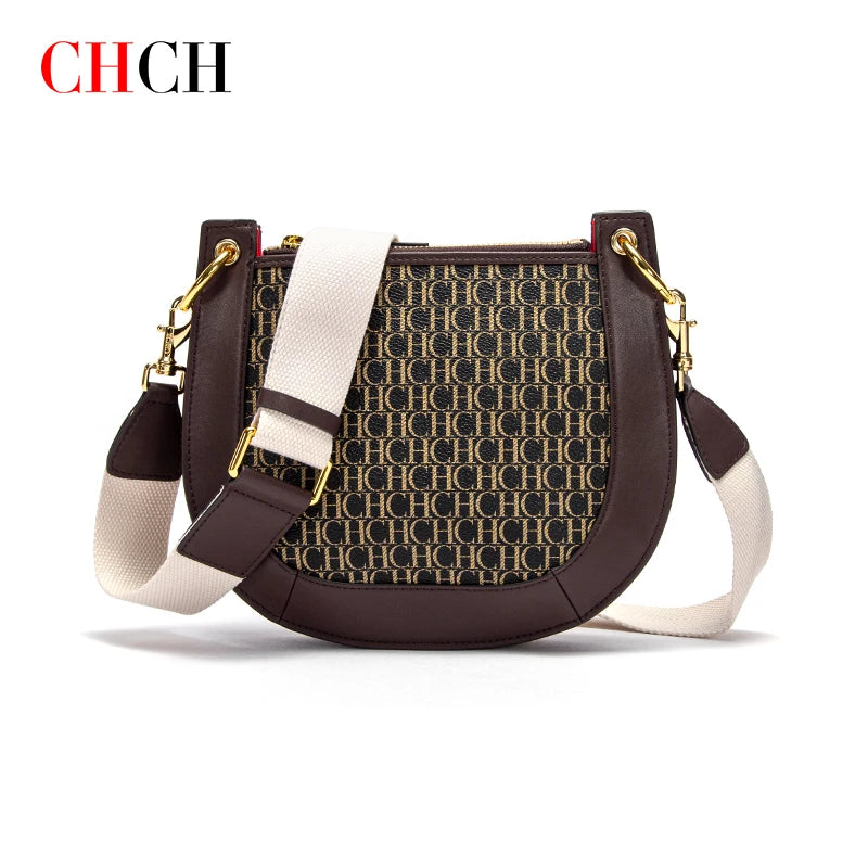 CHCH Women's Saddle Bag 2024 New Splicing Design Single Shoulder Bag with Detachable Wide Shoulder Strap