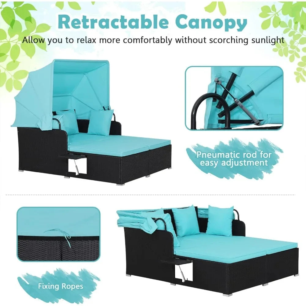 Patio Rattan Daybed with Retractable Canopy, Patiojoy Wicker Sun Lounger with 2 Foldable Side Panels, Thick Seat & Back Cushions FREE Shipping