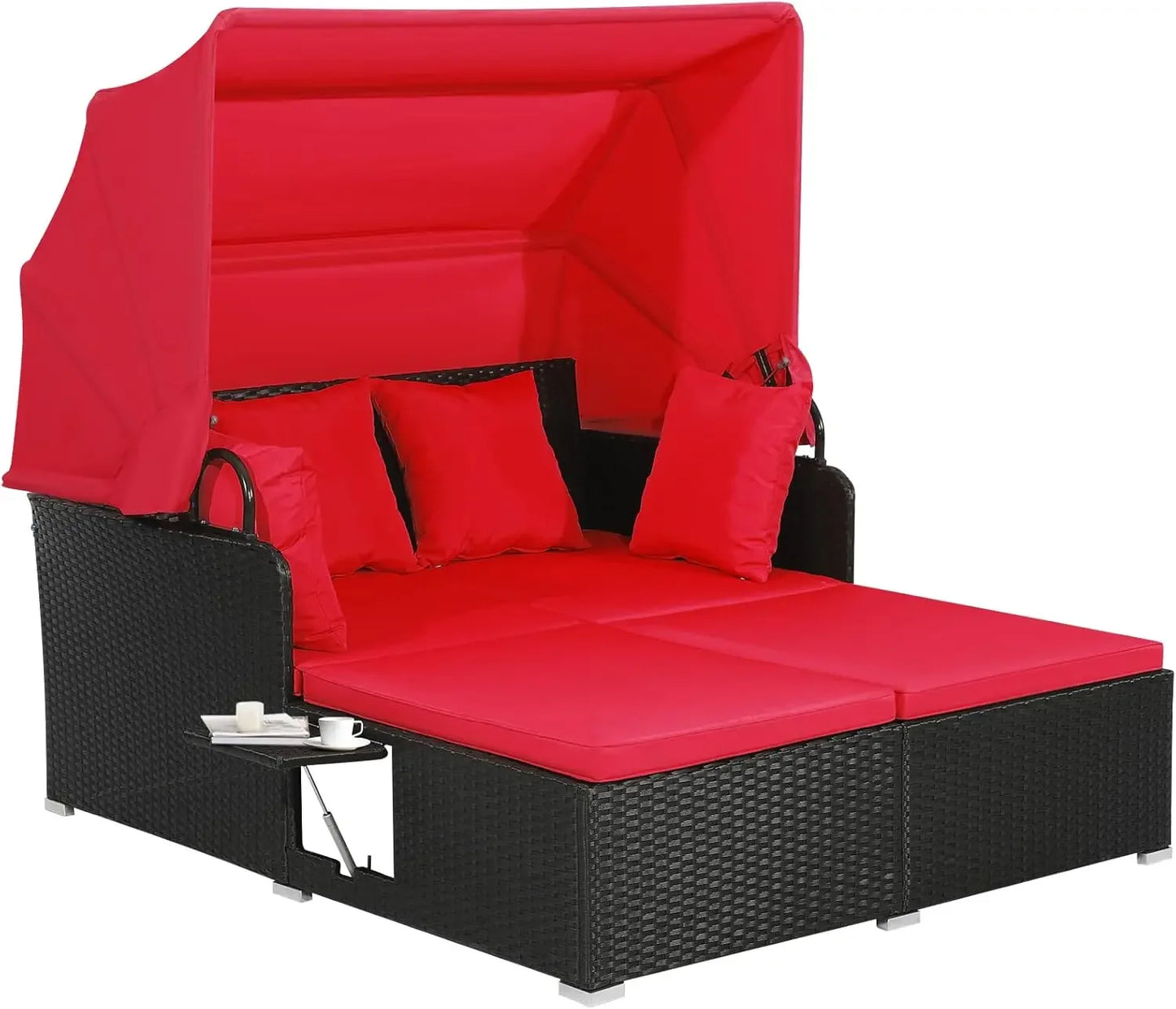 Patio Rattan Daybed with Retractable Canopy, Patiojoy Wicker Sun Lounger with 2 Foldable Side Panels, Thick Seat & Back Cushions FREE Shipping