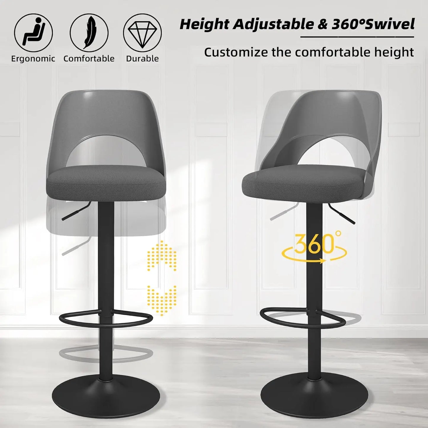 Bar Stools Set of 6 for Kitchen Counter, Seat Height Adjustable 25''-33'', Modern Upholstered Swivel Island Chairs