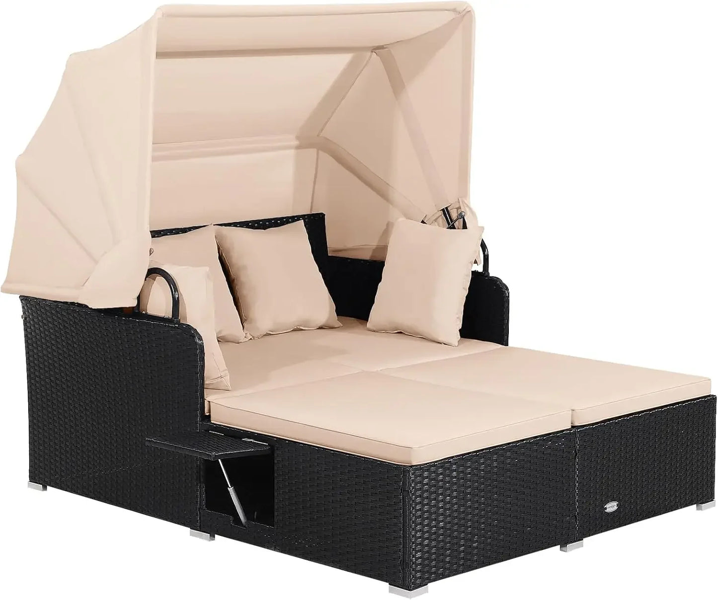 Patio Rattan Daybed with Retractable Canopy, Patiojoy Wicker Sun Lounger with 2 Foldable Side Panels, Thick Seat & Back Cushions FREE Shipping