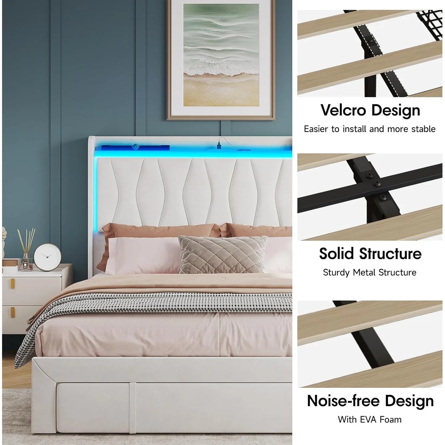 Queen Size Bed Frame with LED Light and 3 Drawers Storage, Upholstered Velvet Platform Bed Frame with Charging Station Free Shipping