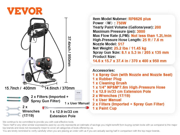 VEVOR 750W 950W Airless Paint Sprayer 3000PSI High Efficiency Electric Airless Sprayer Handheld Paint Sprayers for Home Interior FREE Shipping