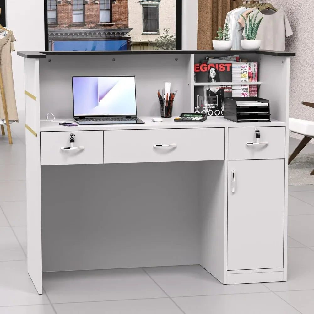 Reception Desk with Counter, Modern Front Table Equipped Lockers & Storage Shelves, 50-inch Checkout Counter with LED Lights & DIY Stripe for Lobbies, Salons, Retail, Home Offices, Reception Room FREE Shipping