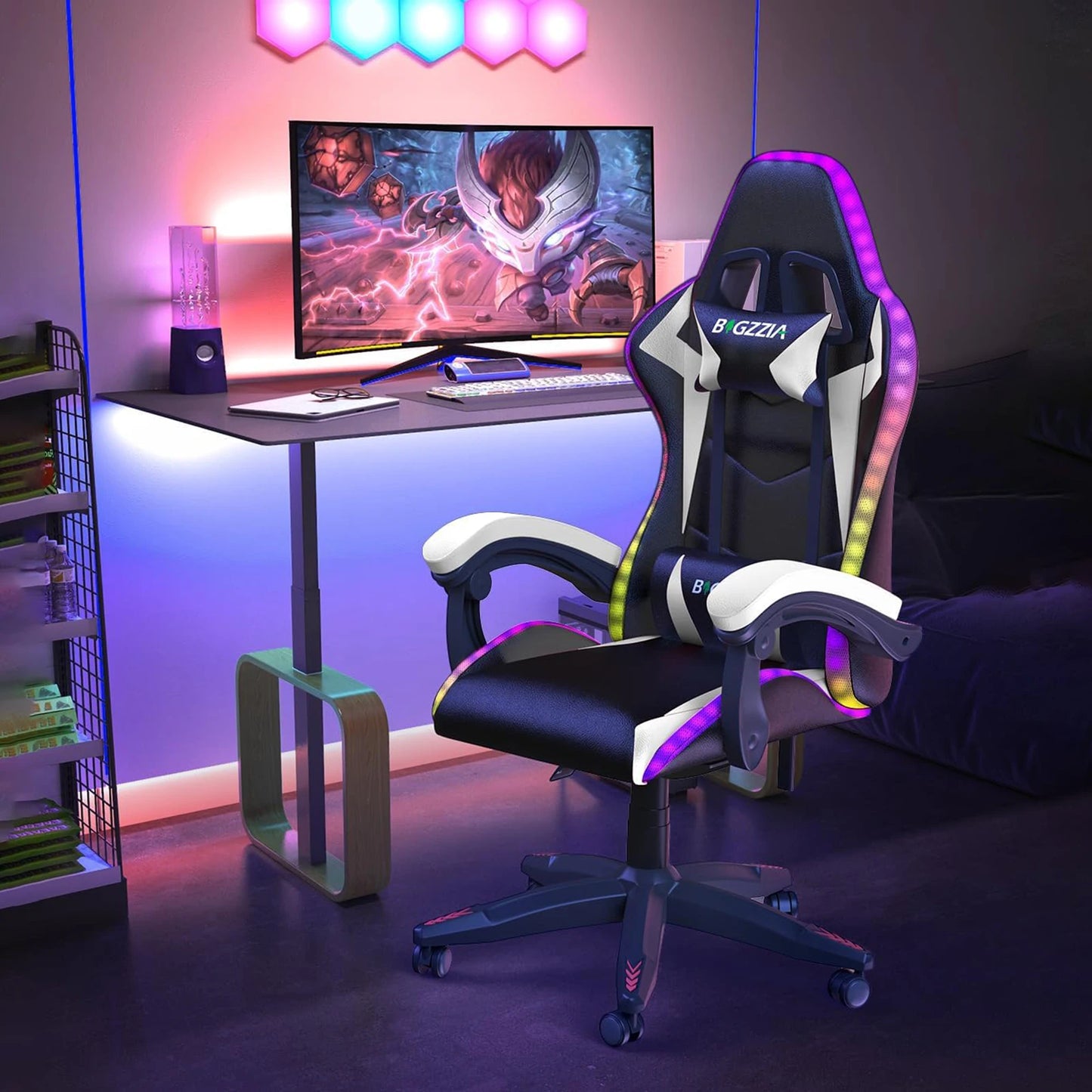 RGB Gaming Chair LED Lights Ergonomic Computer Chair Reclining PU Leather High Back Video Game Chair Adjustable Lumbar Support FREE Shipping