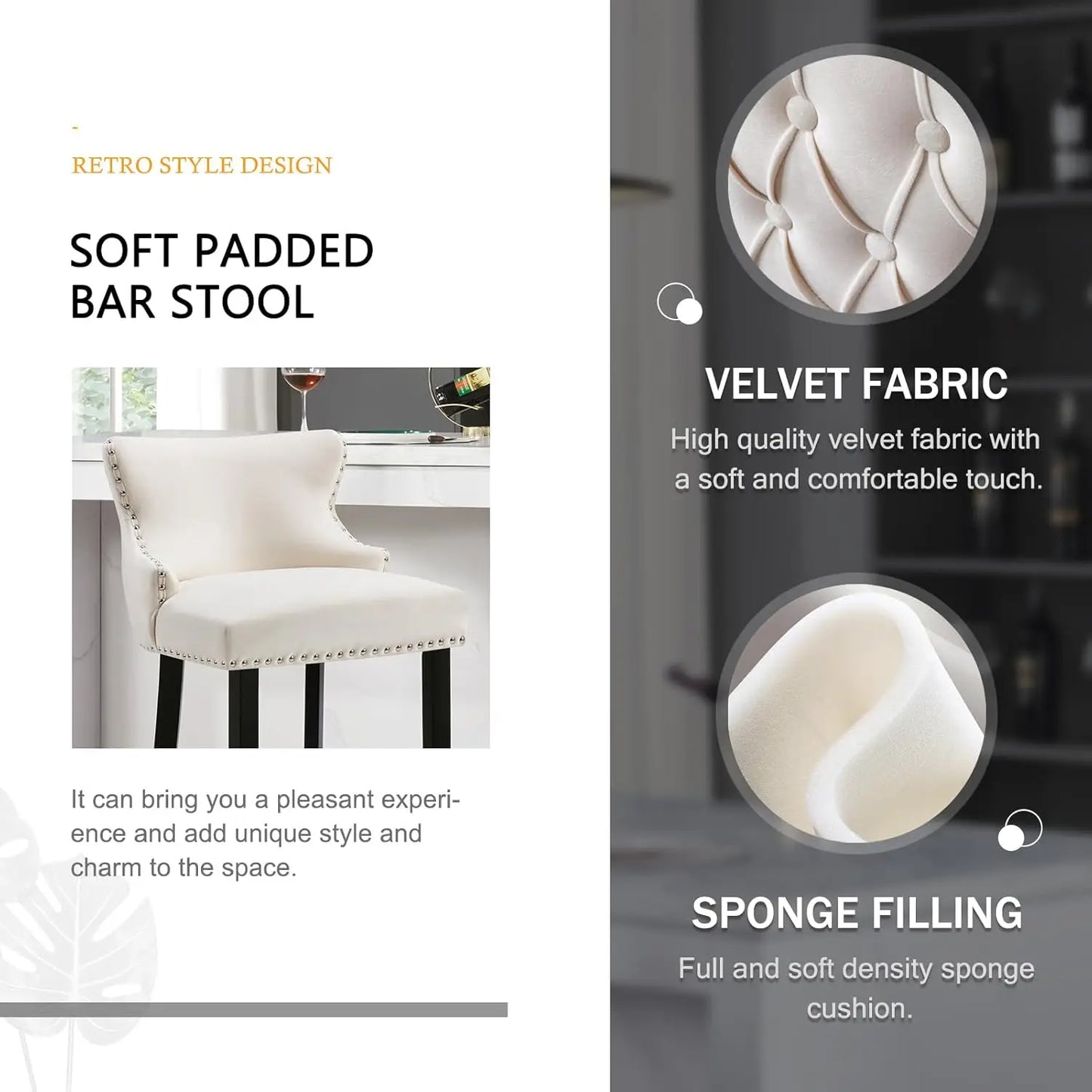 Nrizc Velvet Bar Stools Set of 4, Tufted Counter Height with Back, Upholstered Wooden Stools for Kitchen Island Dining FREE Shipping