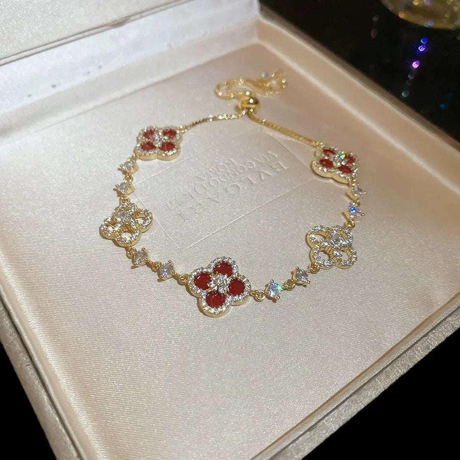 Qimeng Sweet Cherry" Vintage Pink Mother-of-Pearl Four-Leaf Clover Bracelet with Micro-Zirconia Inlay and Cutout Design FREE Shipping