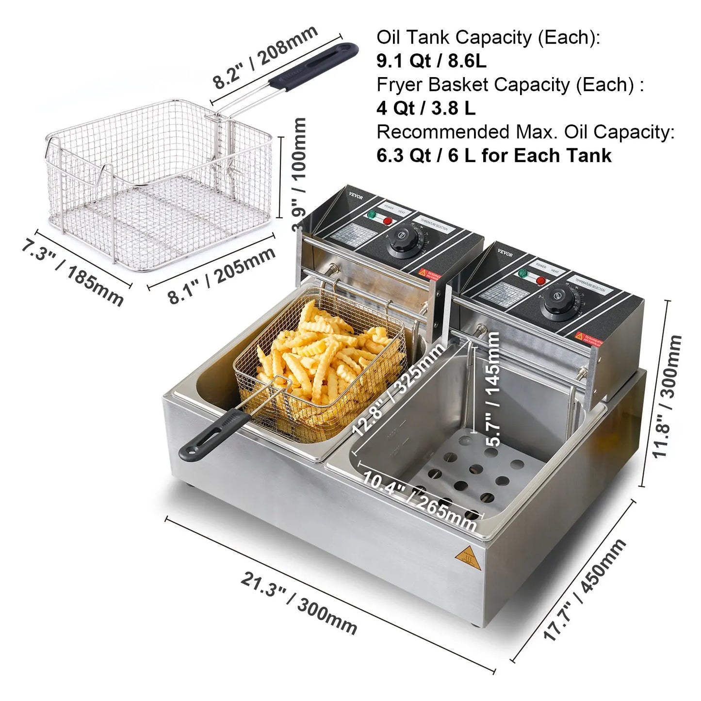 VEVOR Commercial Electric Deep Fryer w/Dual Tanks 12L 3000W Stainless Steel Countertop Fryer for Fried Chicken French Fries Free Shipping