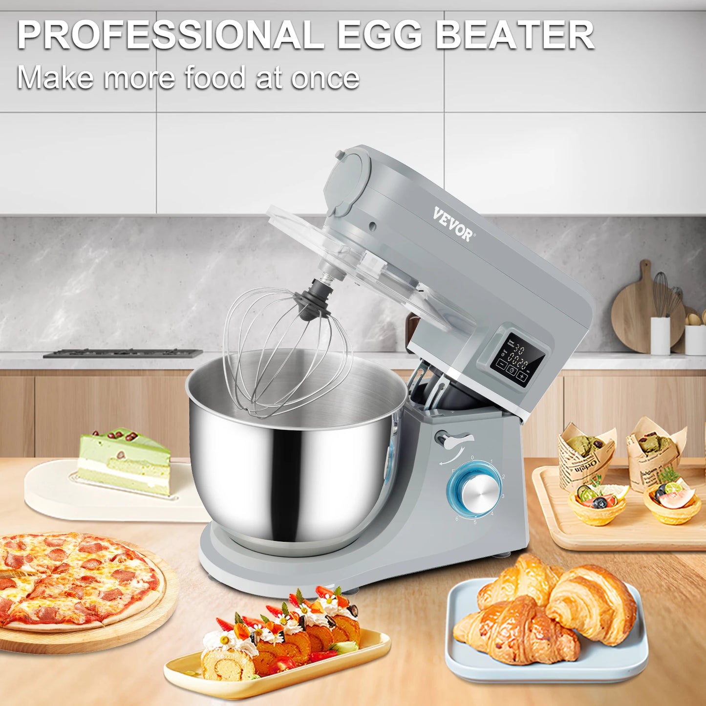 VEVOR 5 IN 1 Stand Mixer Tilt-Head Multifunctional Electric Mixer w/ 6 Speeds LCD Screen Timing 7.4 Qt Stainless Bowl Dough Hook FREE SHIPPING