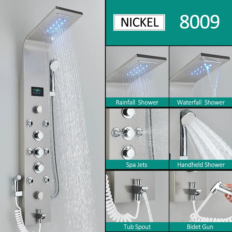 Black Nickel LED Shower Panel Six Functions Shower Column Rain Waterfall Shower Massage Spa Jets Tub Shower With Bidet Bath Taps FREE Shipping
