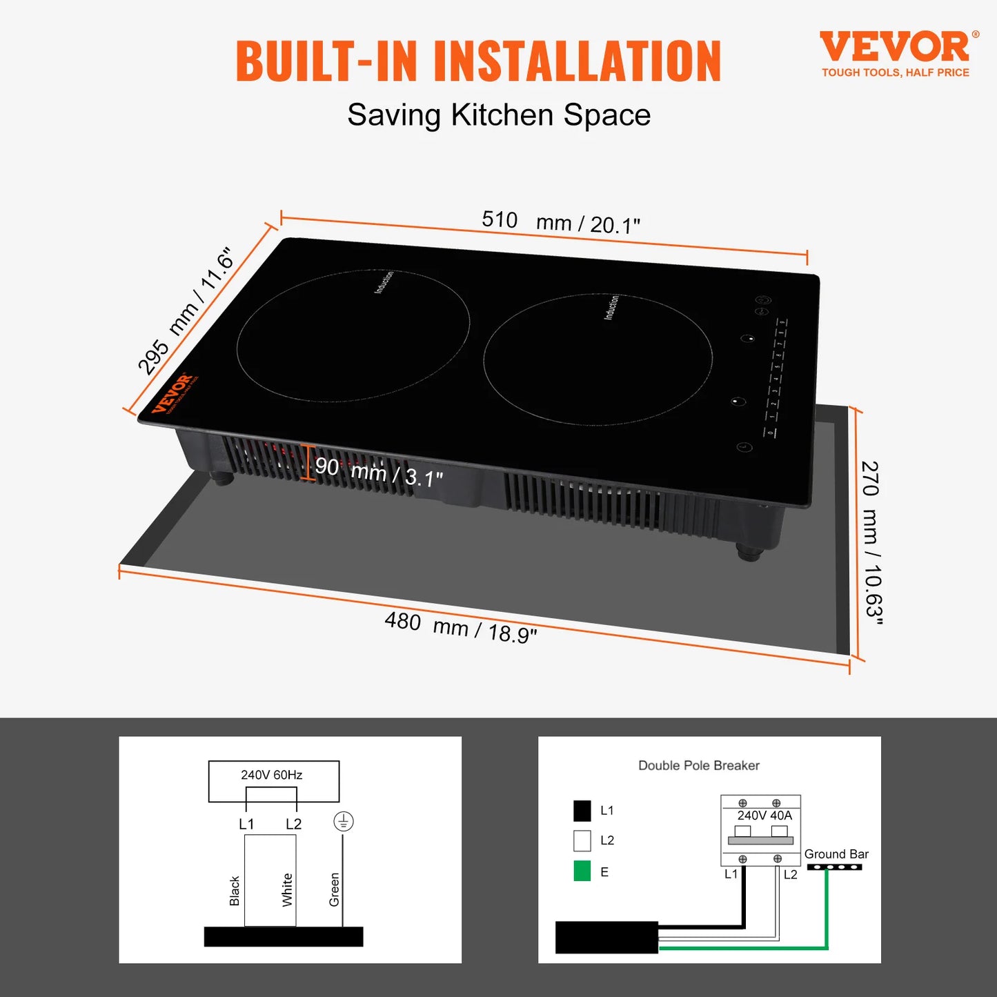 VEVOR Electric Cooktop, 2 Burners, 24'' Induction Stove Top, Built-in Magnetic Cooktop 1800W, 9 Heating Level Multifunctional Burner, LED Touch Screen w/Child Lock & Over-Temperature Protection Free Shipping