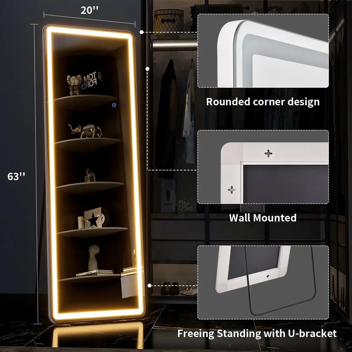 63"x20" Full Length Mirror with Lights,LED Mirror Full Length,Lighted Floor Mirror with Stand,Full Body Mirror with Dimming Free Shipping