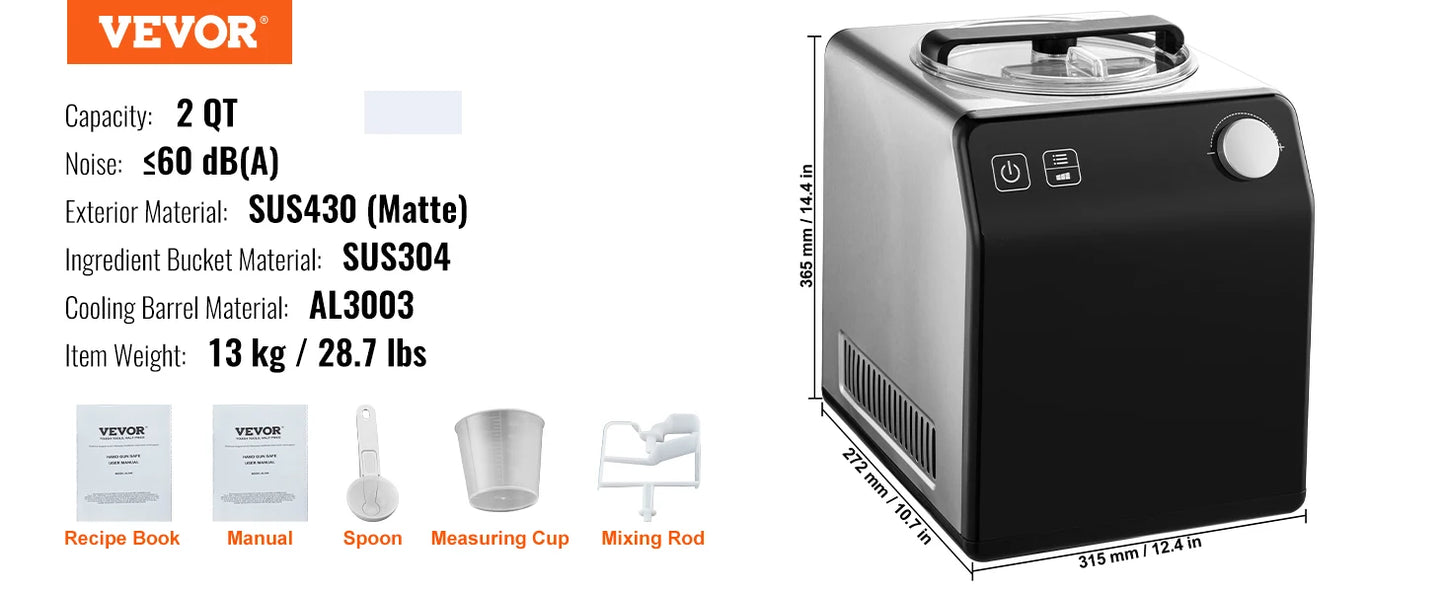 VEVOR Upright Automatic Ice Cream Maker with Built-in Compressor Capacity 1501 ML, 2 QT