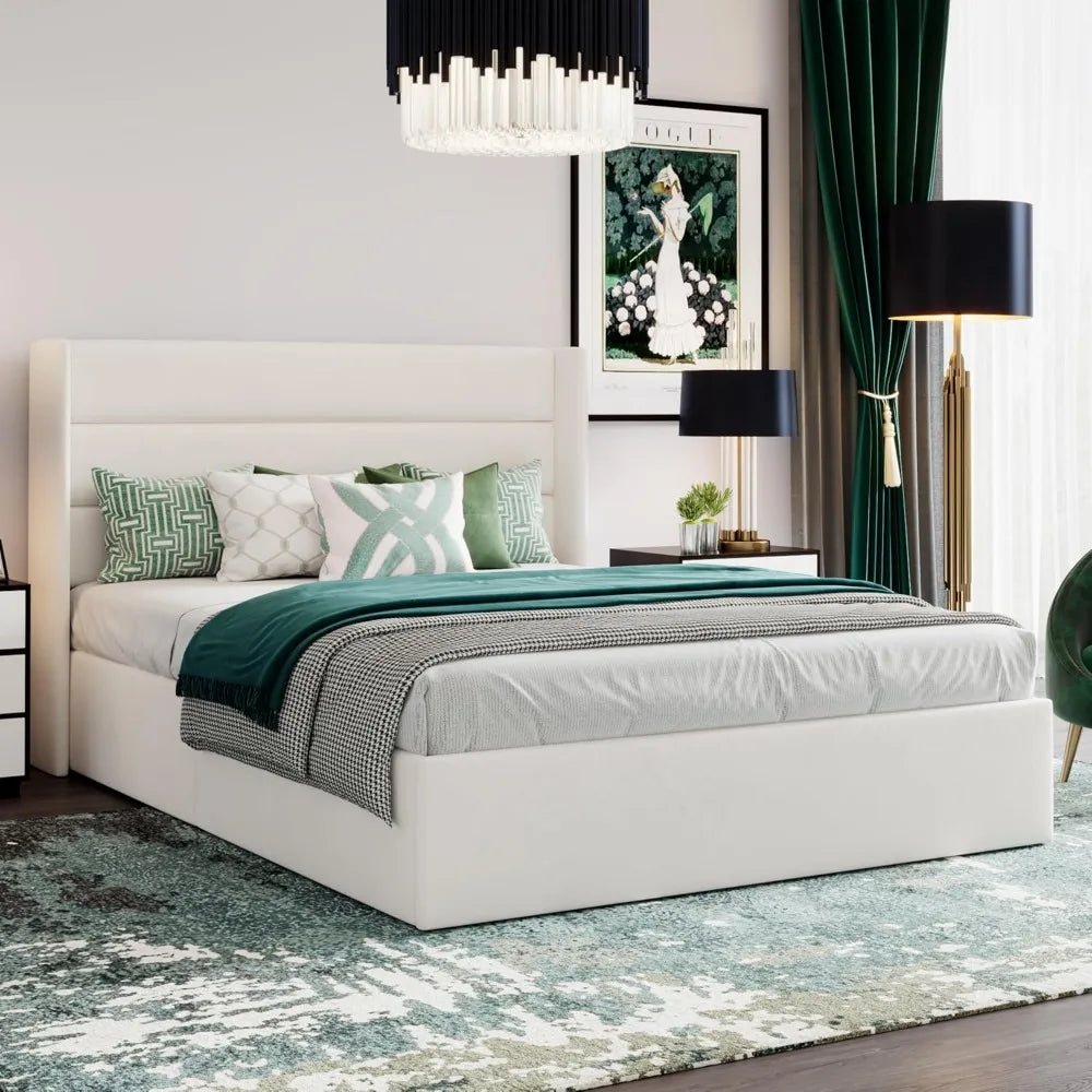 Full Size Lift Up Storage Bed/Velvet Upholstered/Modern Wingback Headboard/Upholstered Platform Bed Frame/Hydraulic S