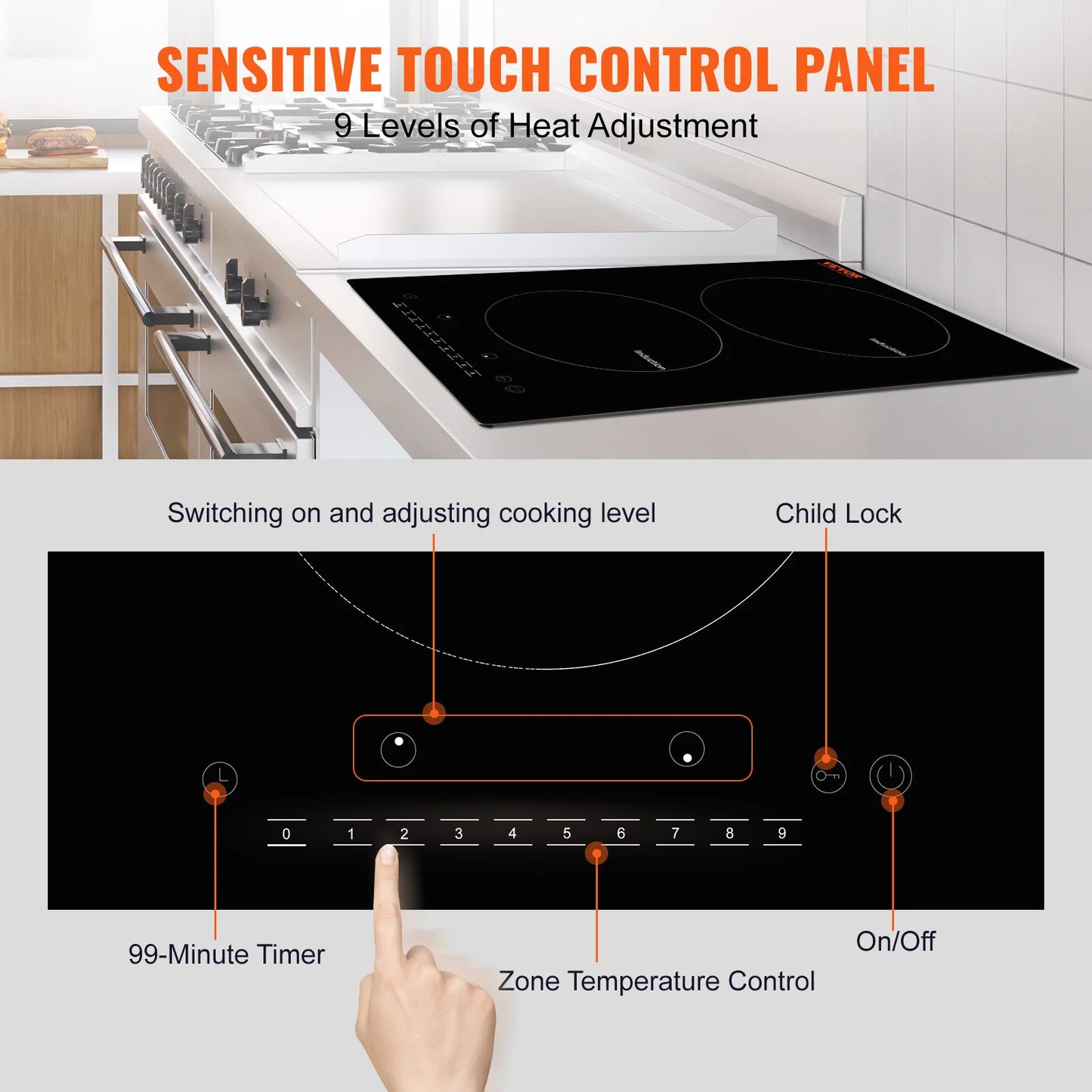 VEVOR Electric Cooktop, 2 Burners, 24'' Induction Stove Top, Built-in Magnetic Cooktop 1800W, 9 Heating Level Multifunctional Burner, LED Touch Screen w/Child Lock & Over-Temperature Protection Free Shipping