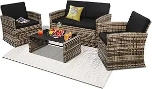 4 Piece Patio Conversation Set, Outdoor Wicker Sectional Furniture with Sofa, 2 Chairs, and Coffee Table, for Porch, Deck, Grey FREE SHIPPING