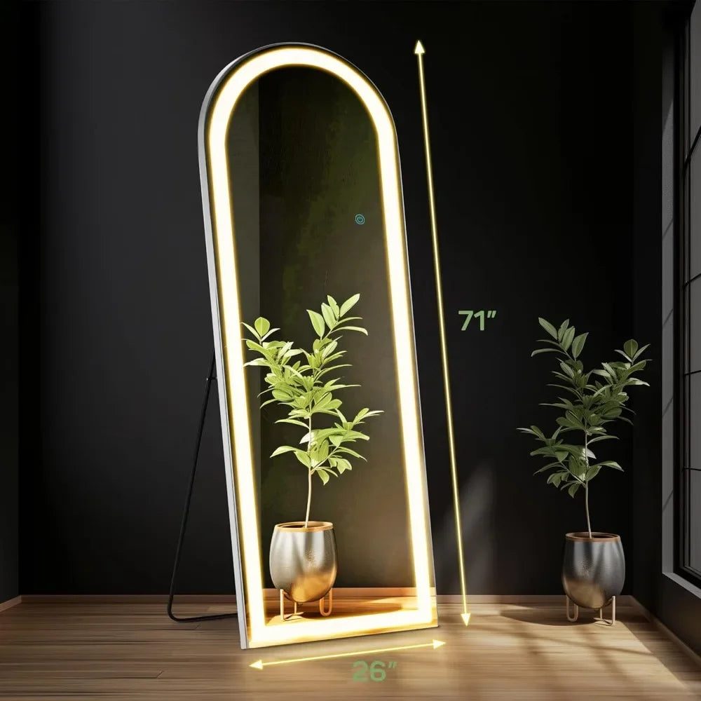 Arched Mirror Full Length with LED Lights, 26"x71" Body Wall Mirrors, Floor Standing, Hanging or Leaning, Large Tall Mirror FREE Shipping