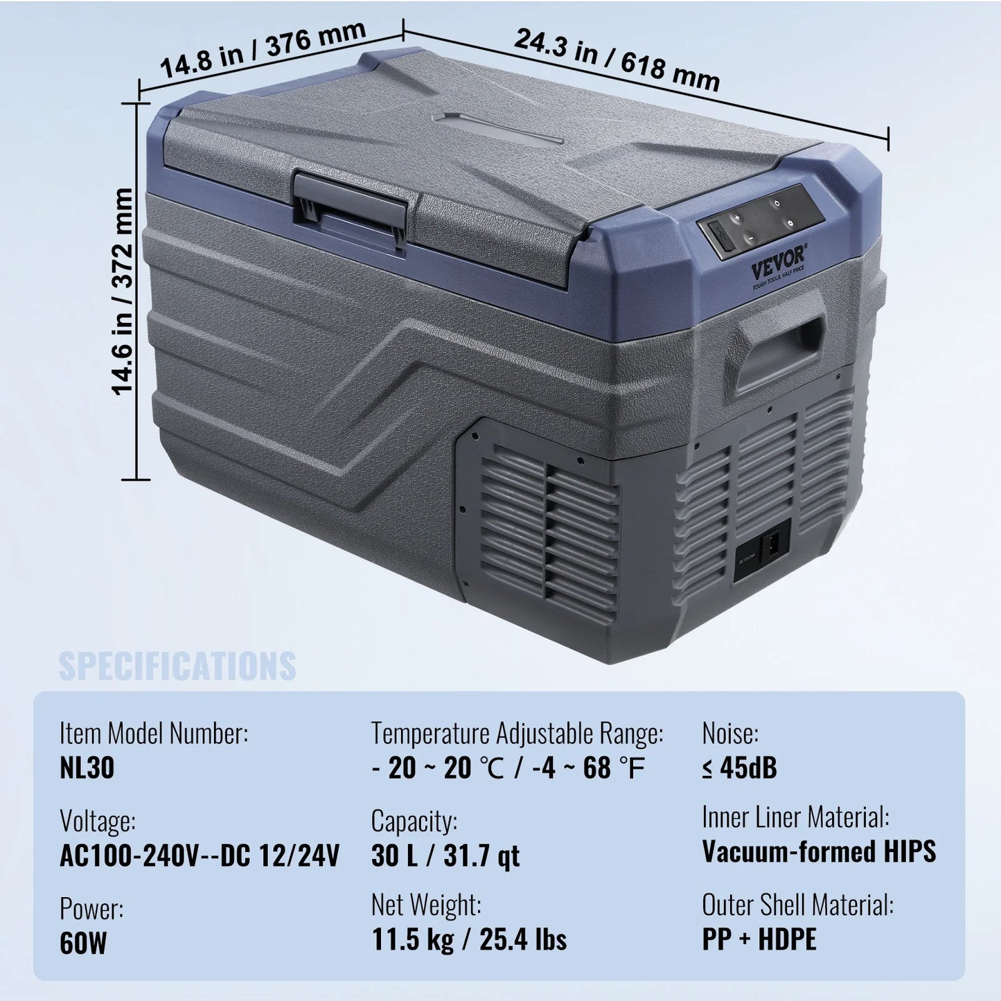 VEVOR 12L 15L 30L 37L 45L Car Refrigerator Fridge 37 L -4℉-68℉ 12/24V DC and 100-240V AC for Outdoor Camping and RV Free Shipping