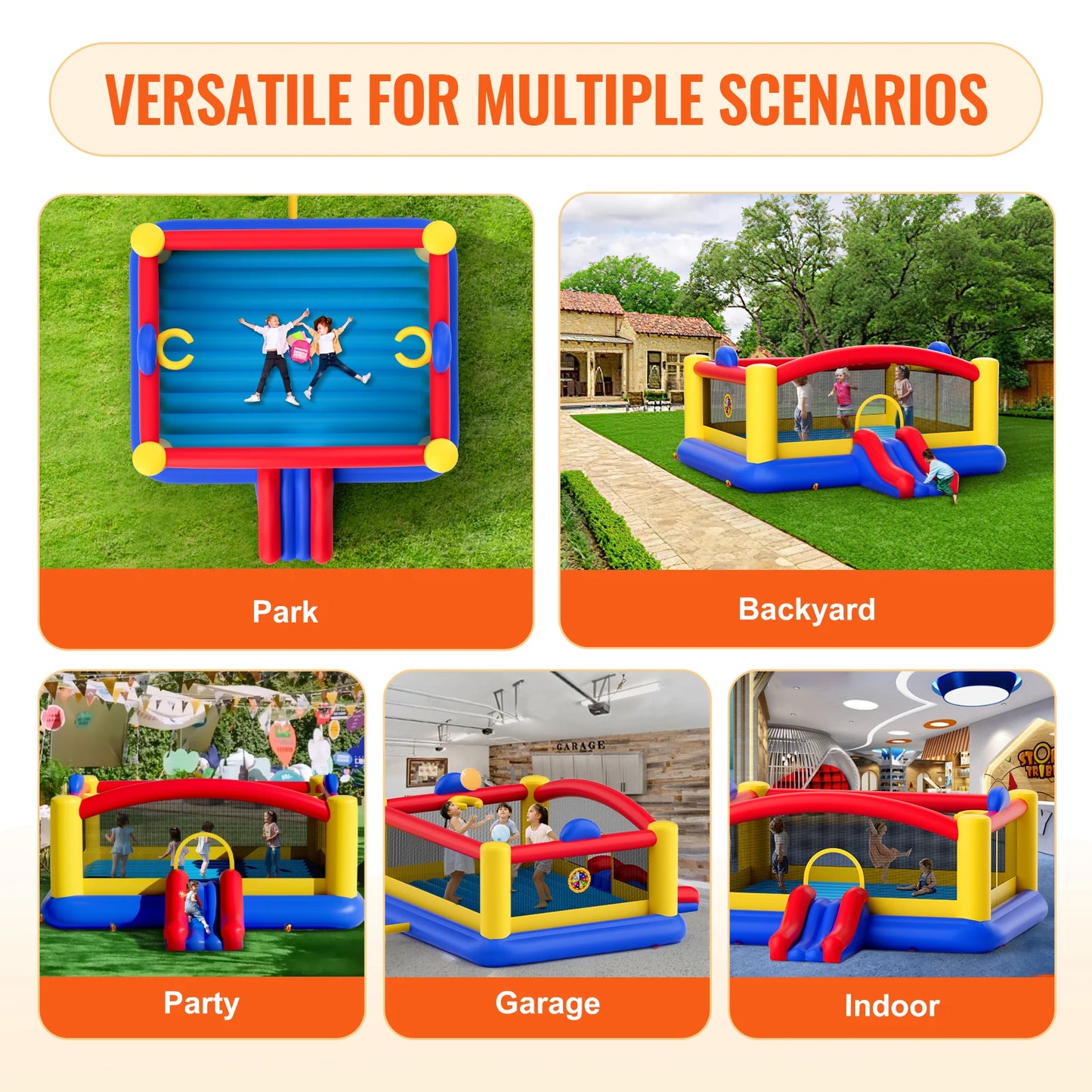 VEVOR Inflatable Bounce House Outdoor High Quality Playhouse Trampoline Jumping Bouncer with Blower Slide and Storage Bag Castle