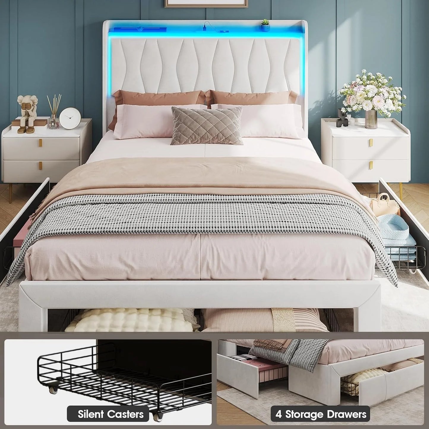 Queen Size Bed Frame with LED Light and 3 Drawers Storage, Upholstered Velvet Platform Bed Frame with Charging Station Free Shipping