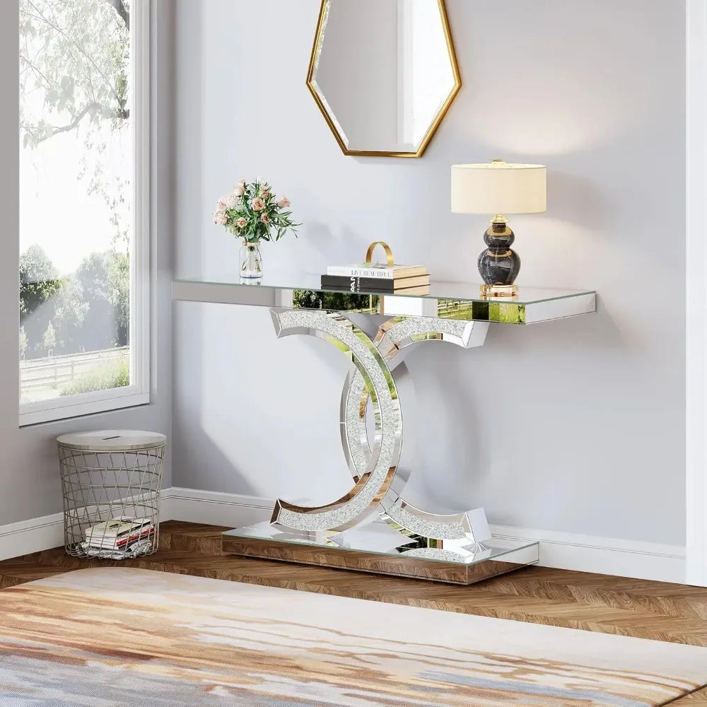 Mirrored Console Table, Modern Silver Entryway Table with Sparkling Crystal Inlays, Mirror Finish for Entrance, Living Room FREE SHIPPING