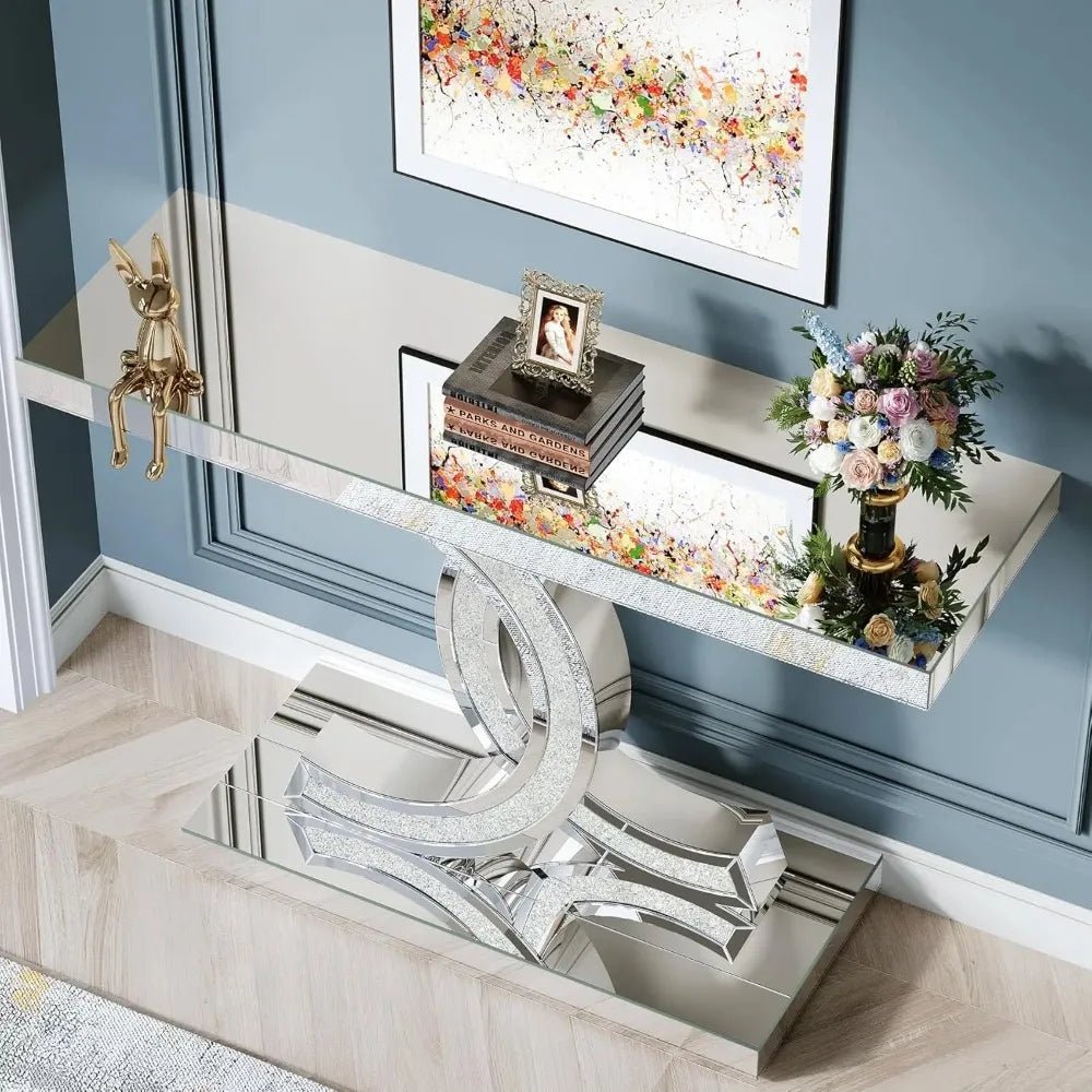 Mirrored Console Table, Modern Silver Entryway Table with Sparkling Crystal Inlays, Mirror Finish for Entrance, Living Room FREE SHIPPING