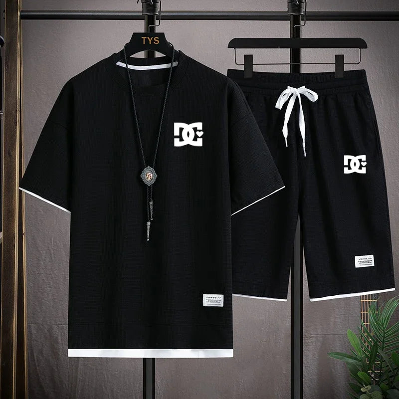 Men's two-piece summer suit, casual T-shirt and shorts, sportswear, fashion sweatshirt, couple short-sleeved suit