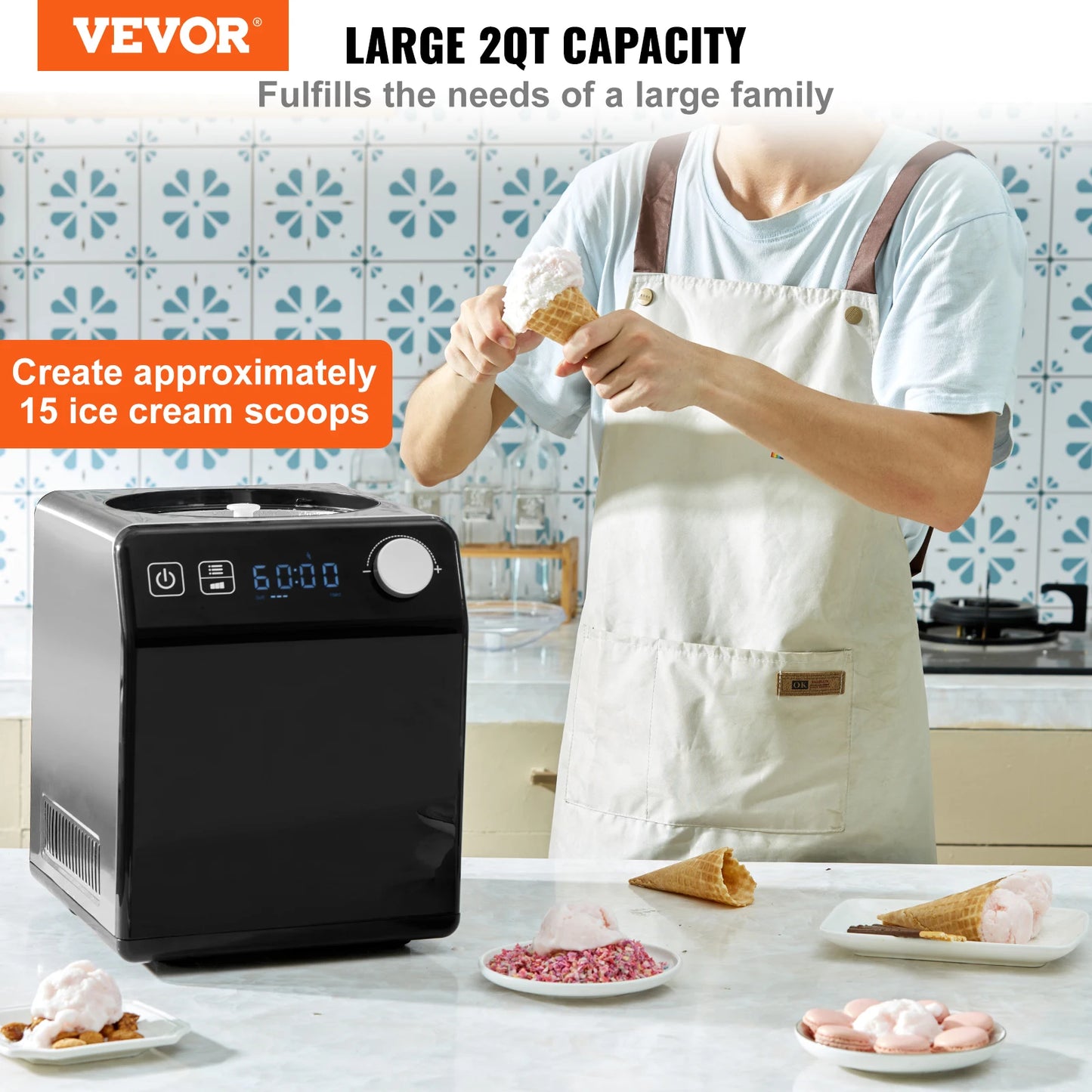 VEVOR Upright Automatic Ice Cream Maker with Built-in Compressor Capacity 1501 ML, 2 QT
