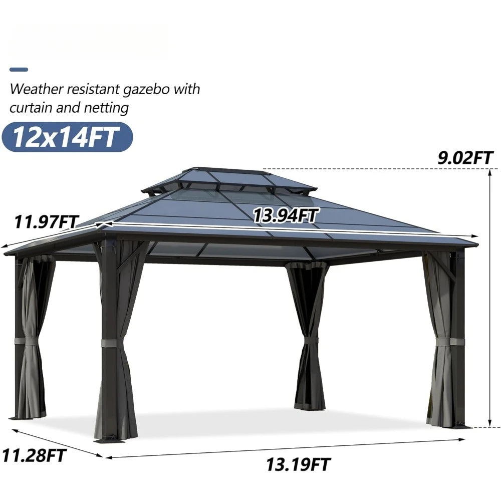 12x14FT Polycarbonate Hardtop Gazebo with Double Roof - Heavy-Duty Steel Frame Gazebo with Breathable Netting & Privacy Curtain for Patio, Porch, Garden, Lawn, Deck, Backyard Free Shipping