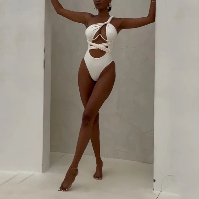 Women's Bikini One Piece Sexy Solid One Shoulder Slim Tie Up Pleated Hollow Out Nipped Waist Beach Swimwear For Female FREE Shipping