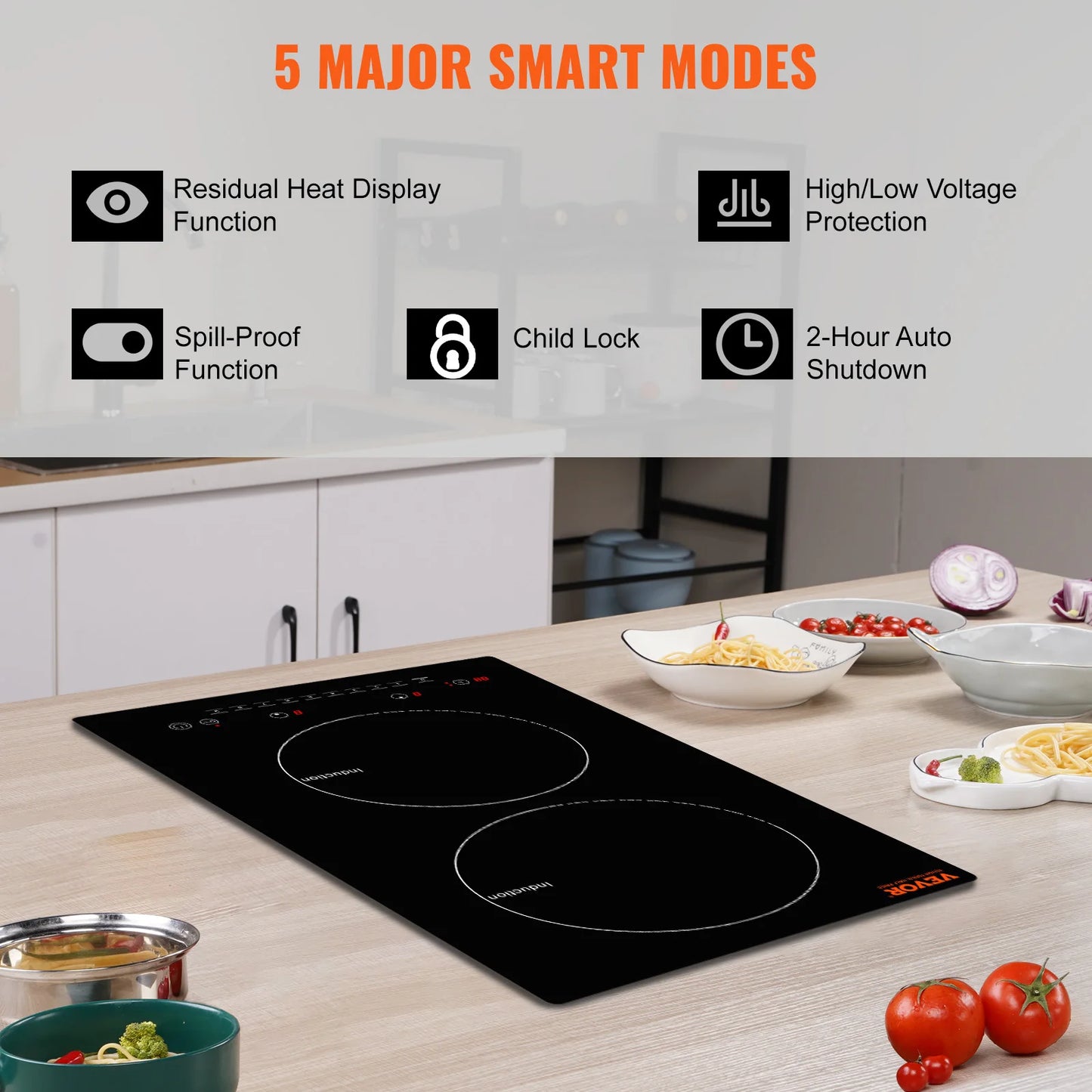 VEVOR Electric Cooktop, 2 Burners, 24'' Induction Stove Top, Built-in Magnetic Cooktop 1800W, 9 Heating Level Multifunctional Burner, LED Touch Screen w/Child Lock & Over-Temperature Protection Free Shipping