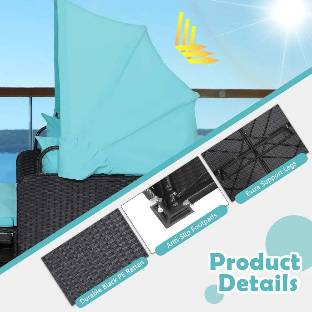 Patio Rattan Daybed with Retractable Canopy, Patiojoy Wicker Sun Lounger with 2 Foldable Side Panels, Thick Seat & Back Cushions FREE Shipping