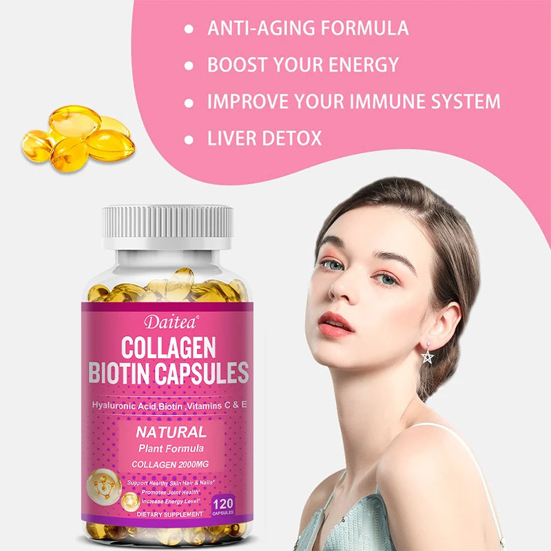 Collagen Biotin Supplement - Hyaluronic Acid Biotin Vitamin C E - Hair Skin Nails Joint Support Vegan Capsules Free Shipping